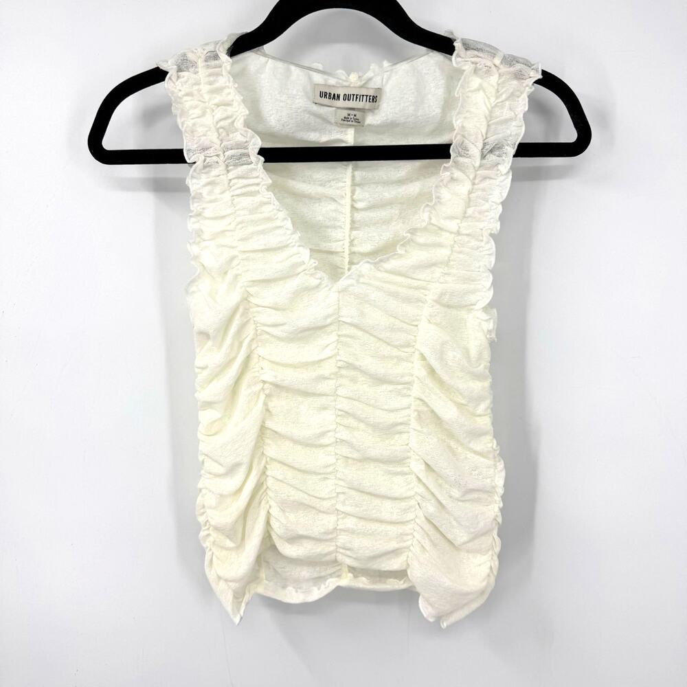 Urban Outfitters UO Sheer Ruched Tank Top M Cream V Neck Stretch Romantic Boho